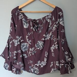 Streetwear Society Floral Burgundy‎ Off-The- Shoulder Blouse Bell Sleeves